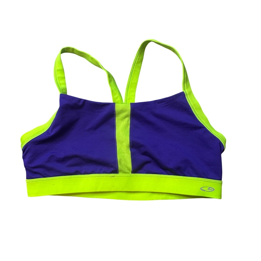 Champion Sports Bra Womens L Purple Lime Duo Dry+ Strappy T-Back Mesh Activewear